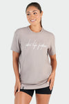 Front View of Warm Taupe GTS Script Swole Tee